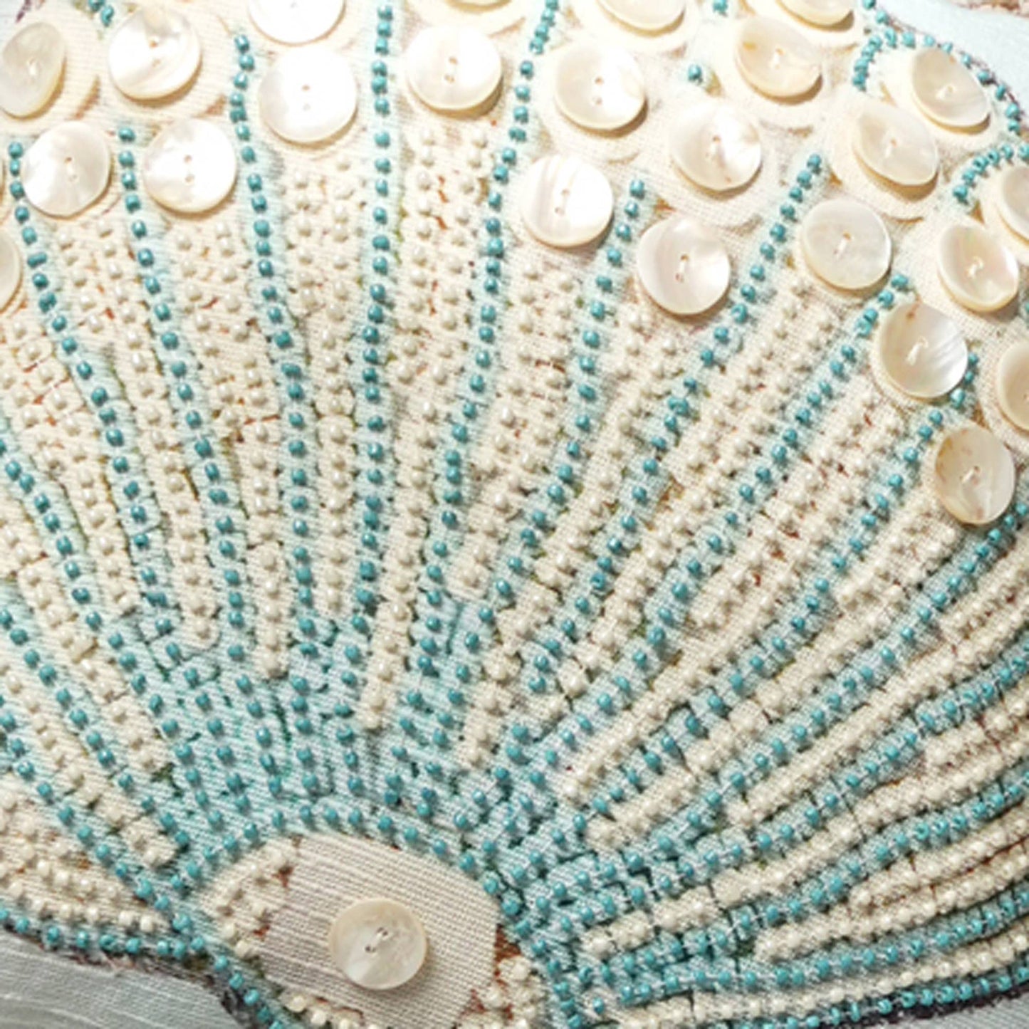 Print & Beadwork Seashell Pillow-Blue & Ivory 18"x18"