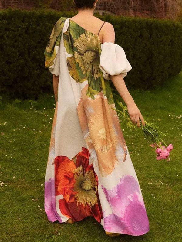 A-Line Loose Elasticity Flower Print One-Shoulder Maxi Dresses