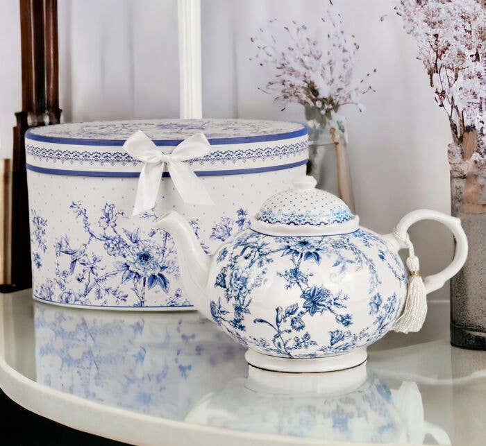 Vintage Blue Flowers Bone China Teapot in Gift Box