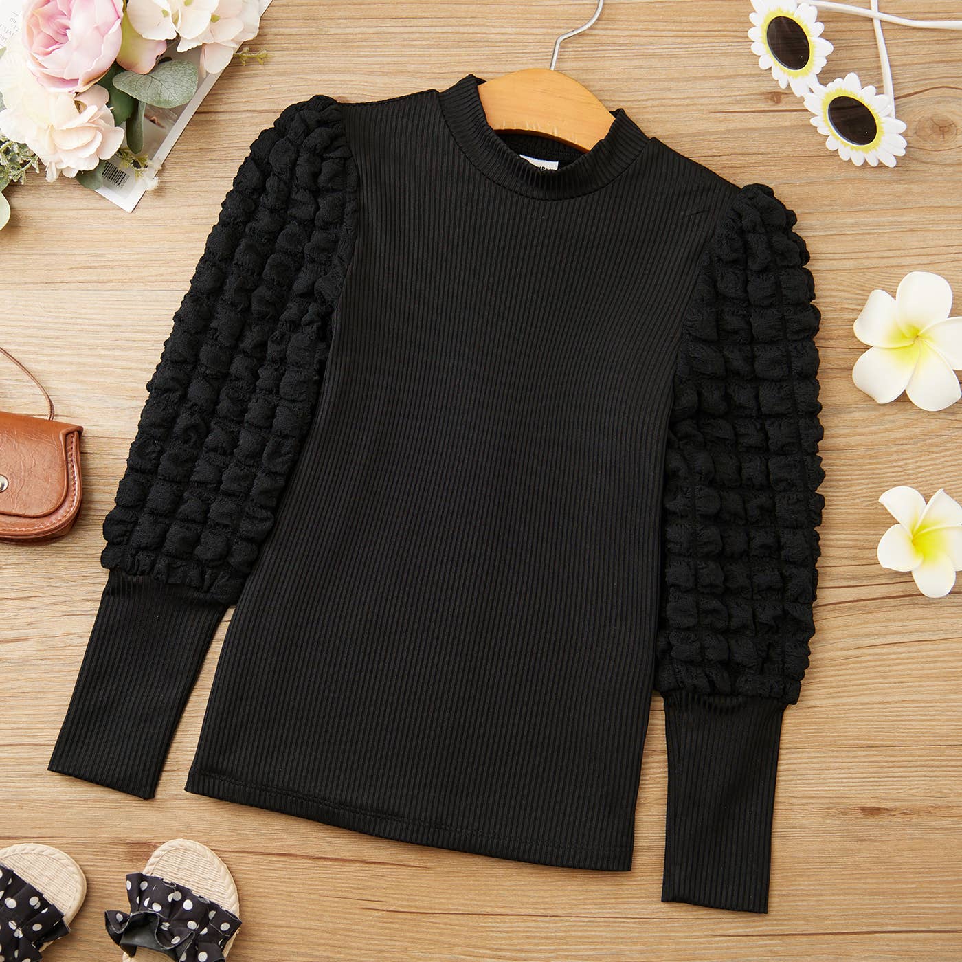 Kid Girl Textured Long Puff-sleeve Mock Neck Solid Color Tee