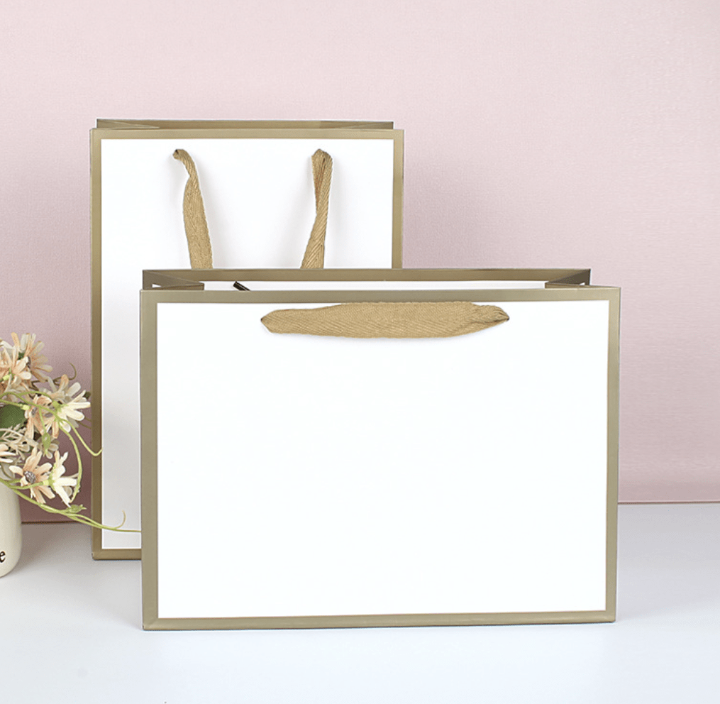 White with Gold border gift bag w/free tissue , pack of 20