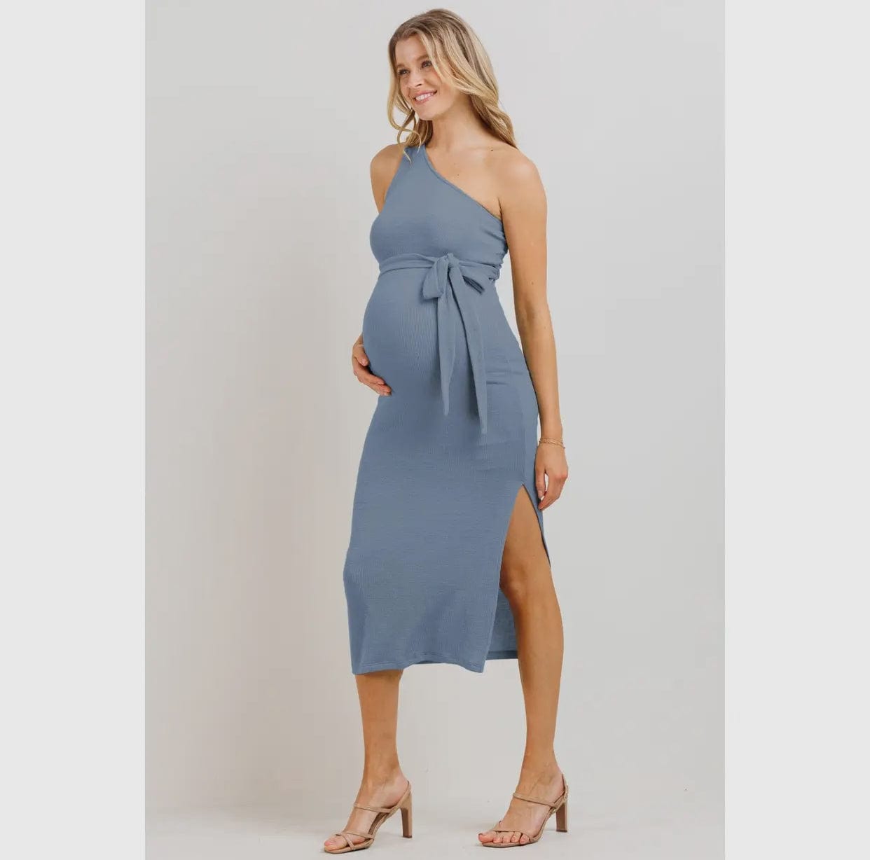 One-Shoulder Ribbed Maternity Side Slit Midi Dress