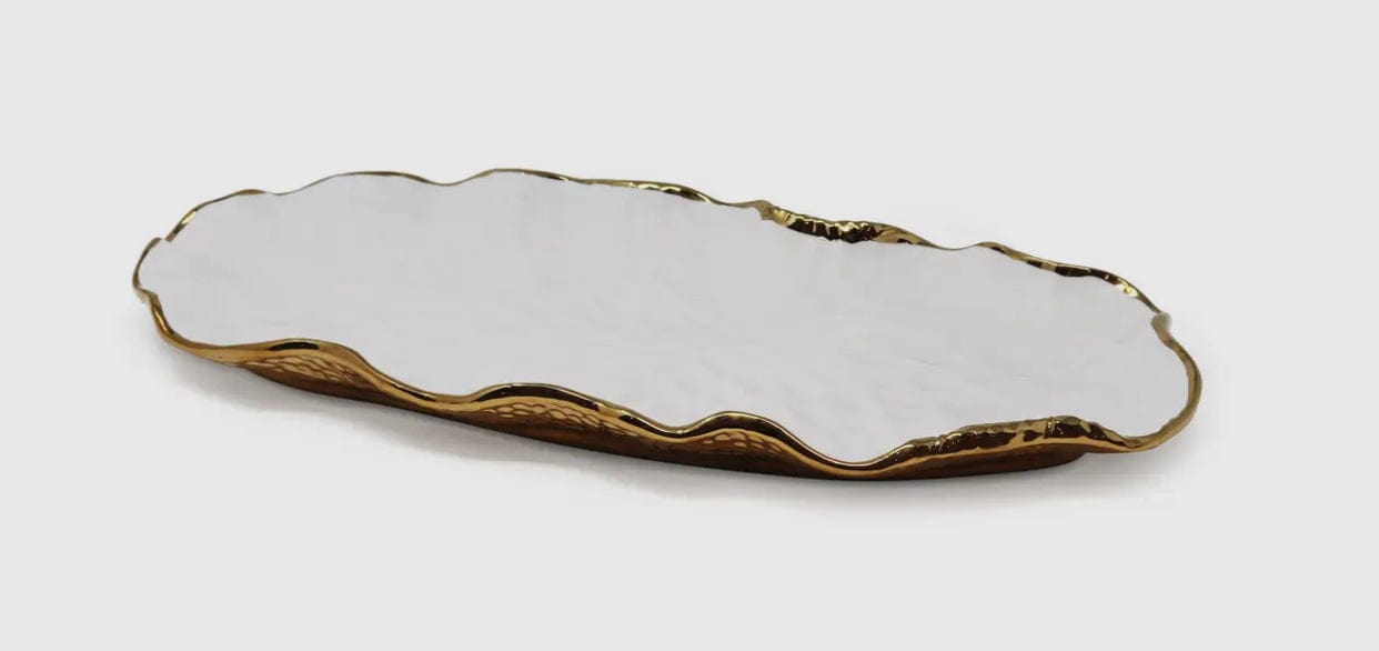 White Oval Tray - New Bone China w/ Gold Scalloped Edges