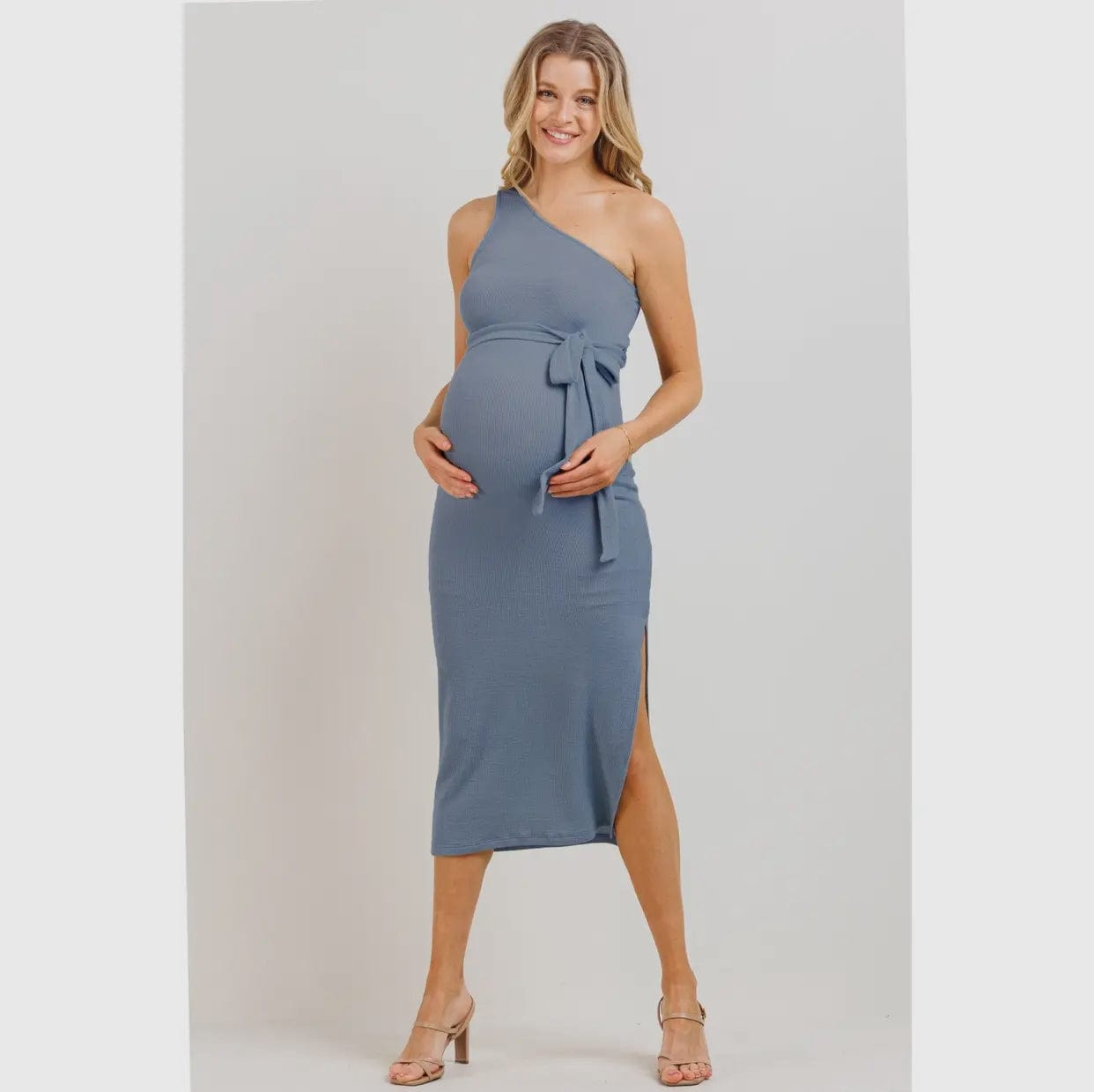 One-Shoulder Ribbed Maternity Side Slit Midi Dress