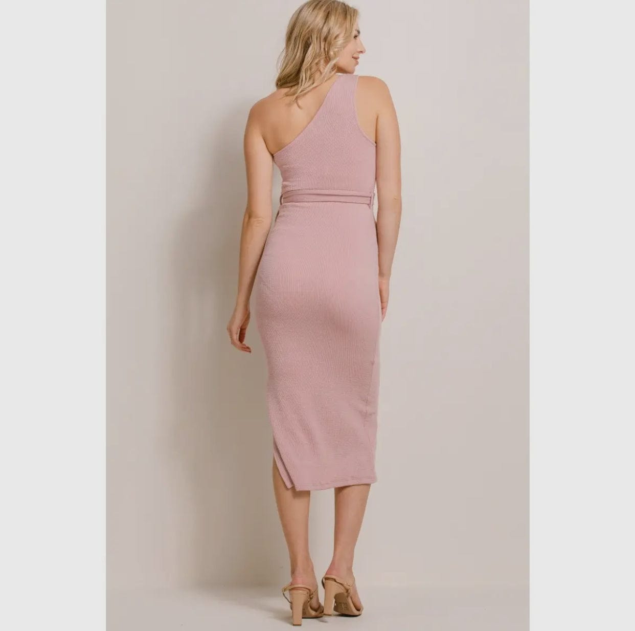 One-Shoulder Ribbed Maternity Side Slit Midi Dress