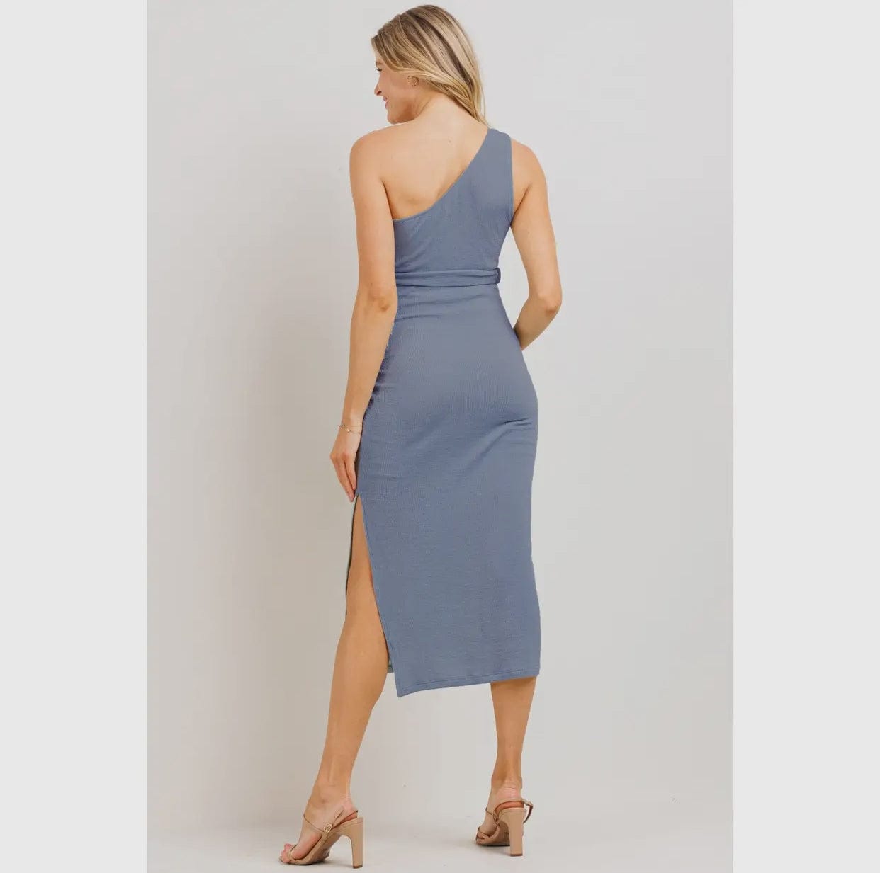 One-Shoulder Ribbed Maternity Side Slit Midi Dress