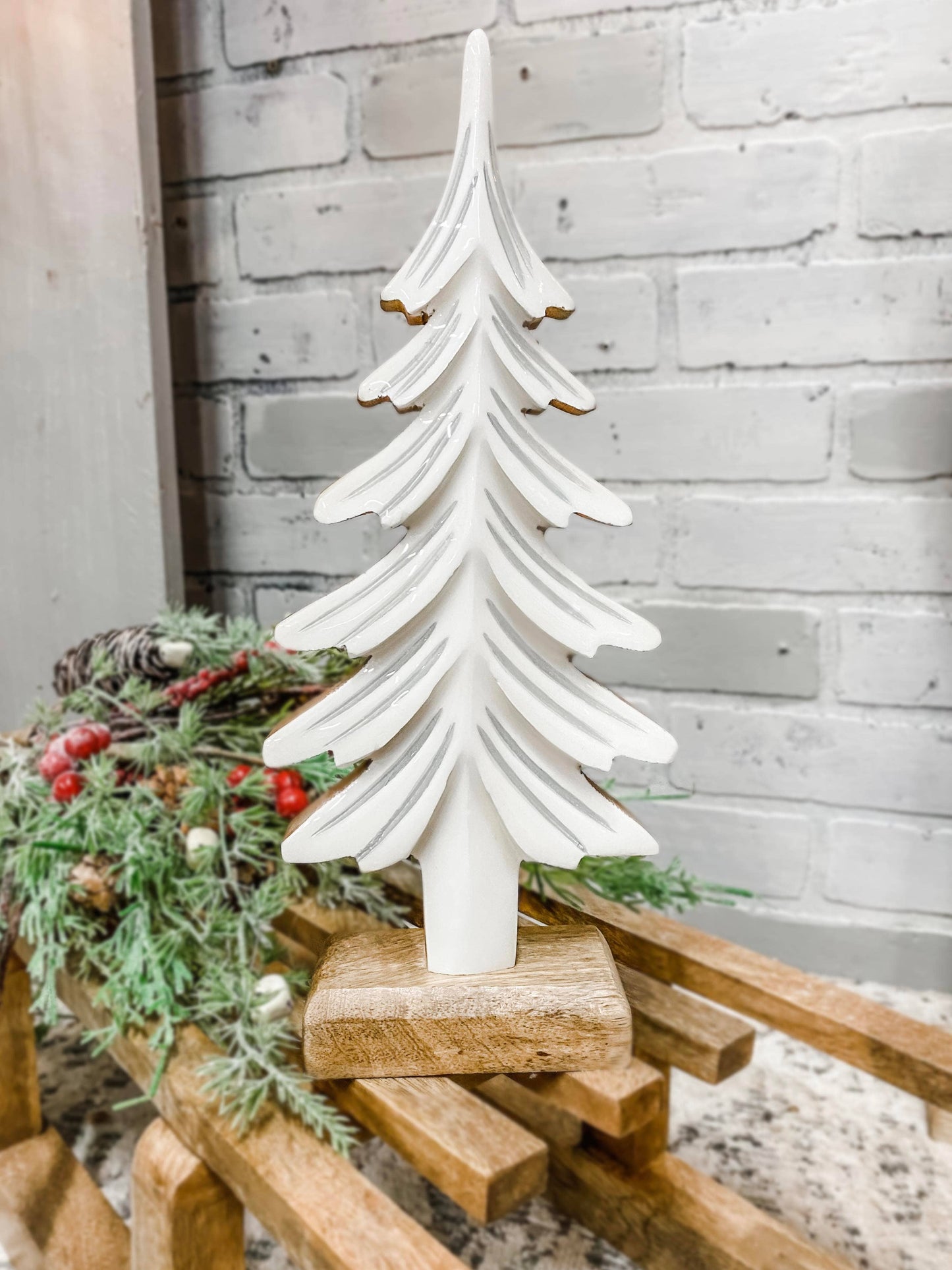 Wooden Tree w/ White & Silver Enamel 5x2x12in