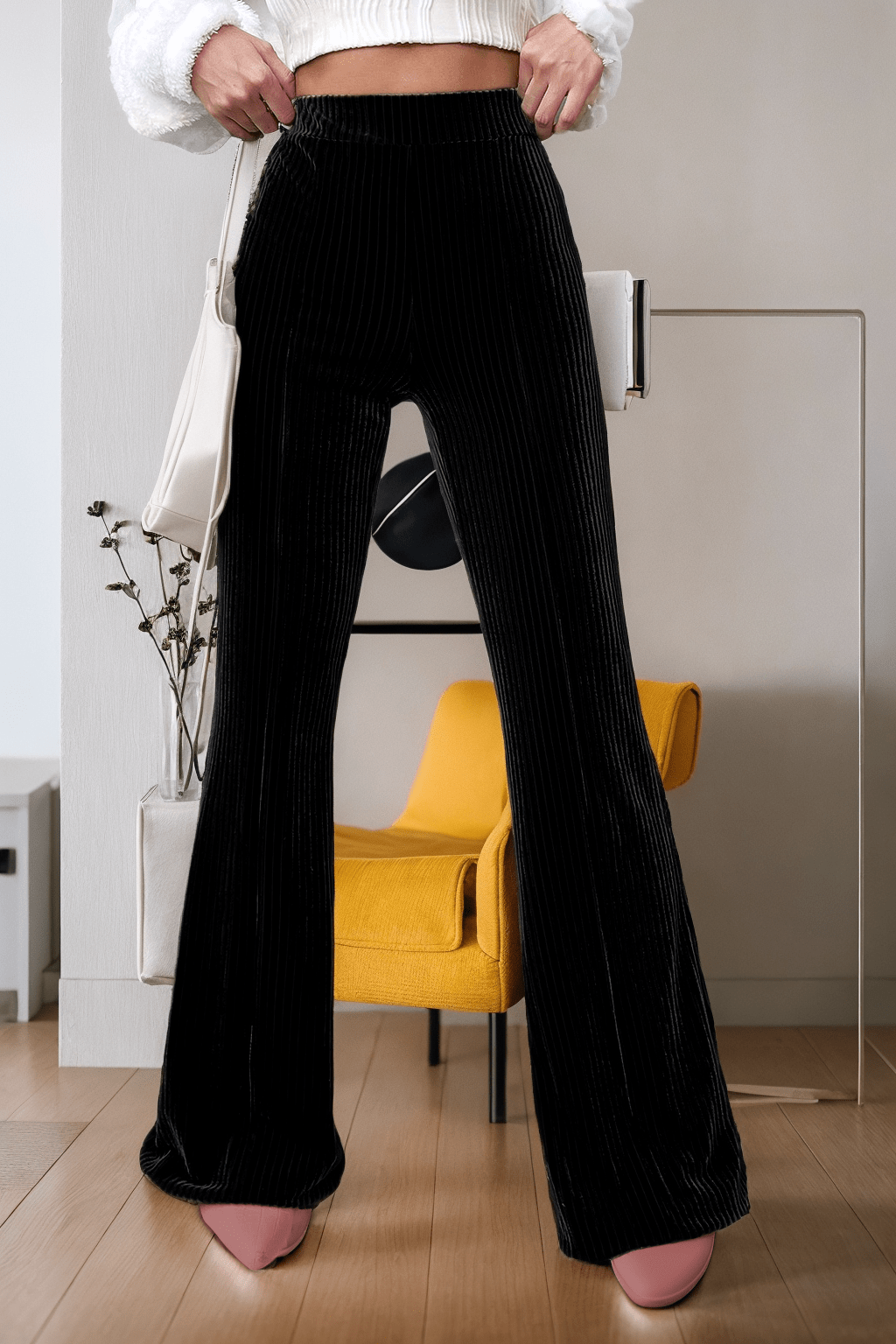 LDC Solid Color High Waist Flare Corduroy Pants