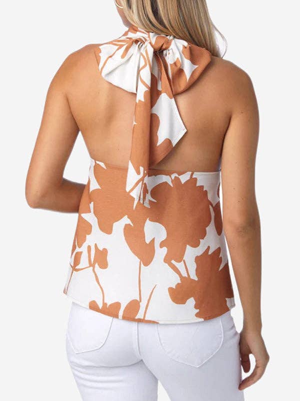 Backless Flower Print Halter Top & High Waist Shorts Set