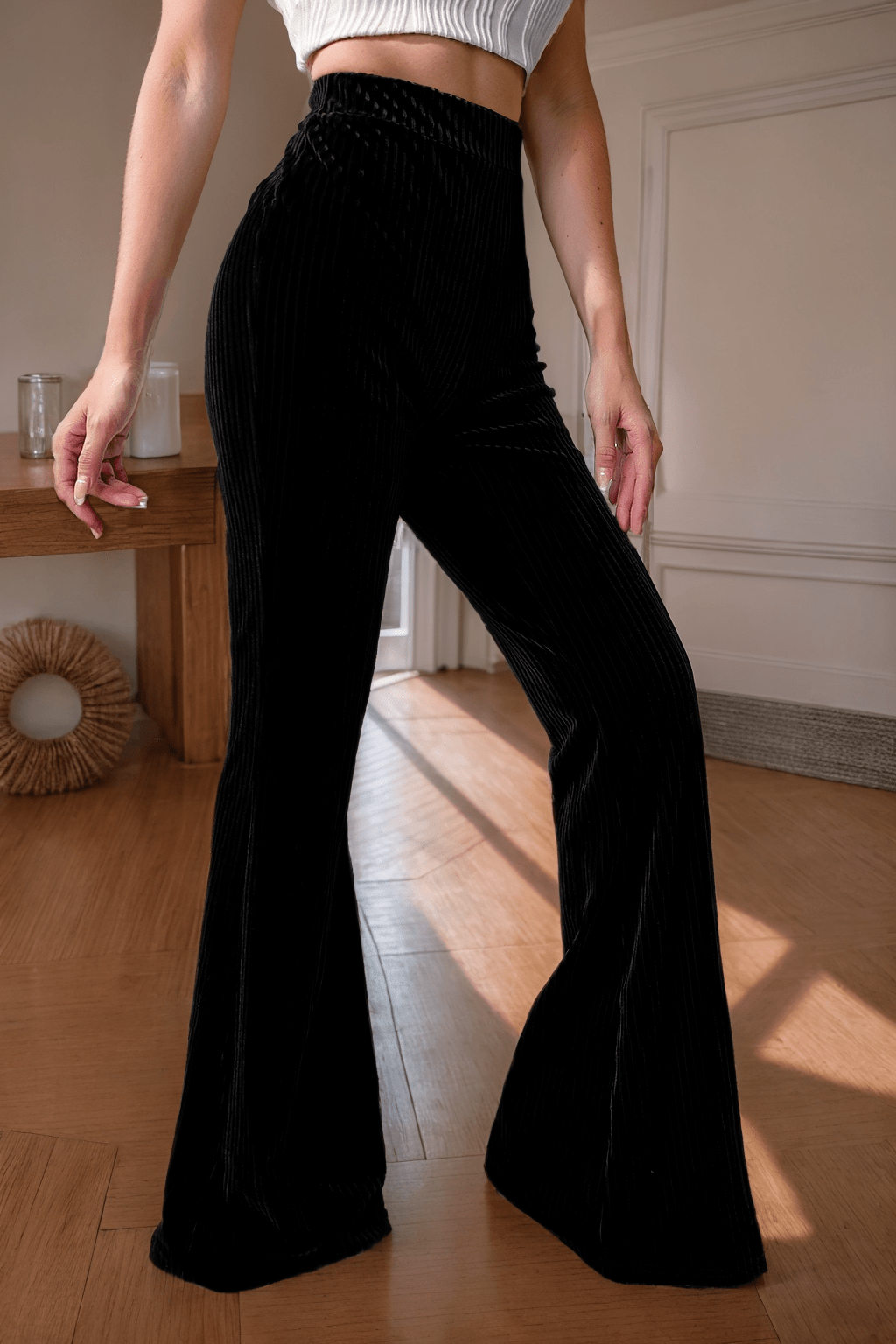 LDC Solid Color High Waist Flare Corduroy Pants