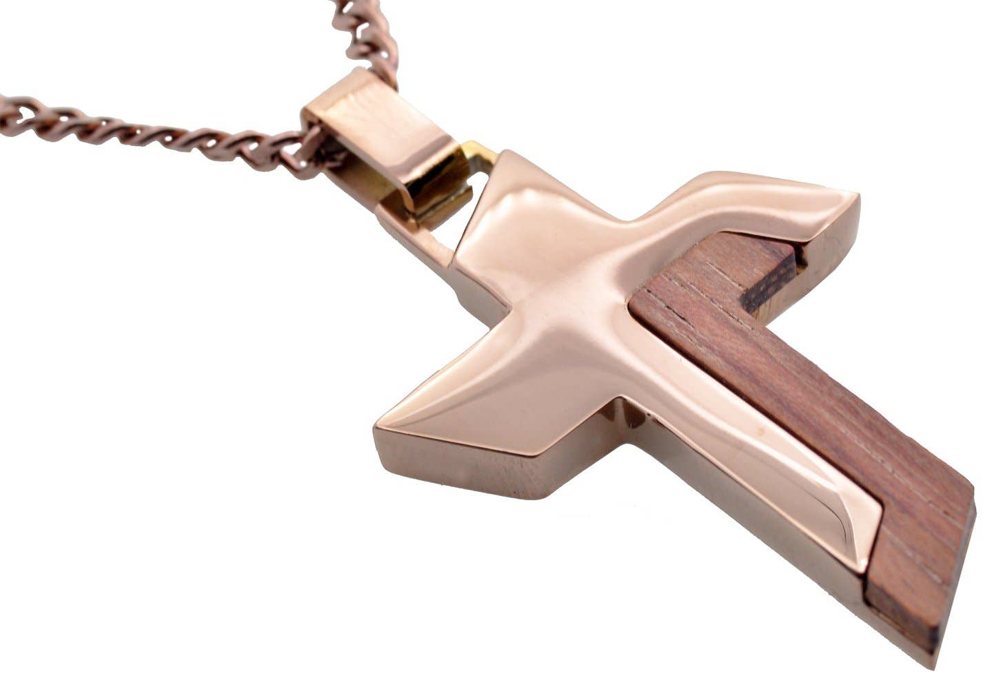 Men's Wood And Chocolate Stainless Steel Cross Pendant