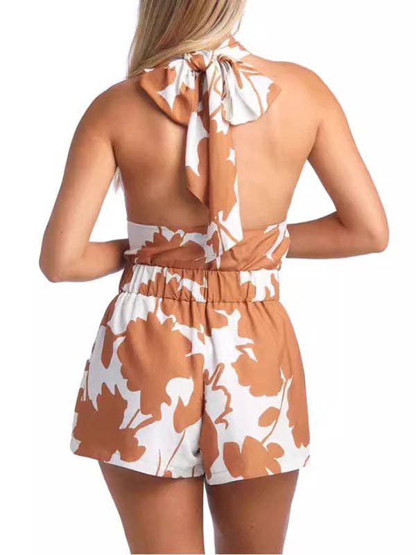 Backless Flower Print Halter Top & High Waist Shorts Set