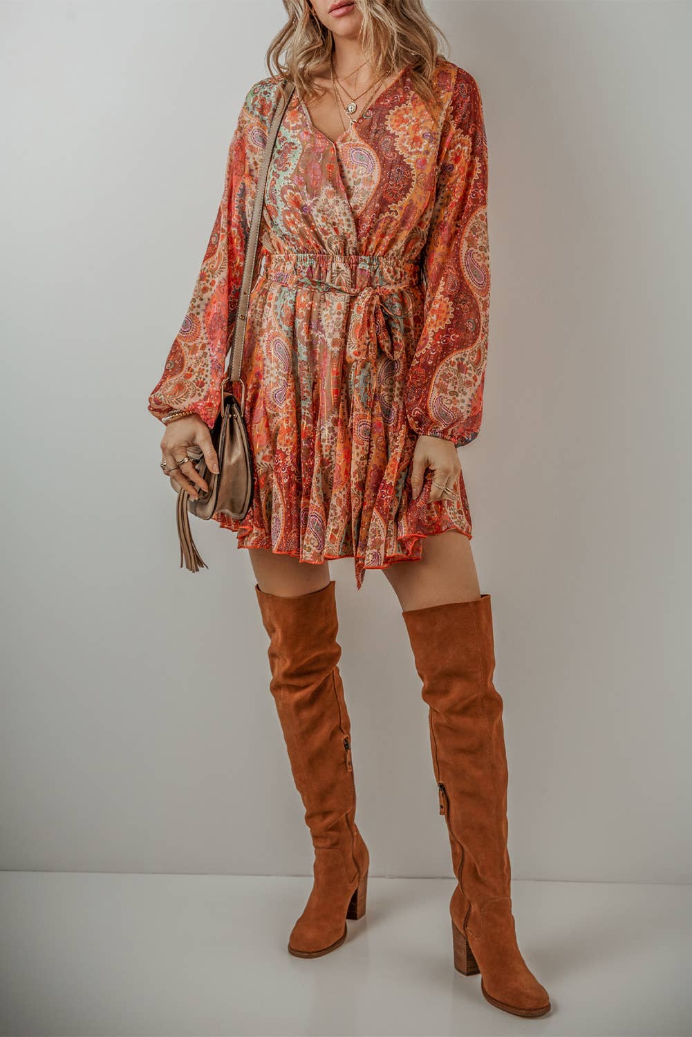 LDC Boho Paisley Print Long Sleeve Pleated Belted Mini Dress