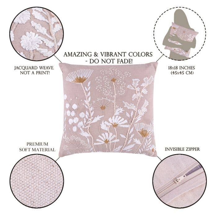 Summer Flowers Cotton Embroidered Decorative Pillow in Beige