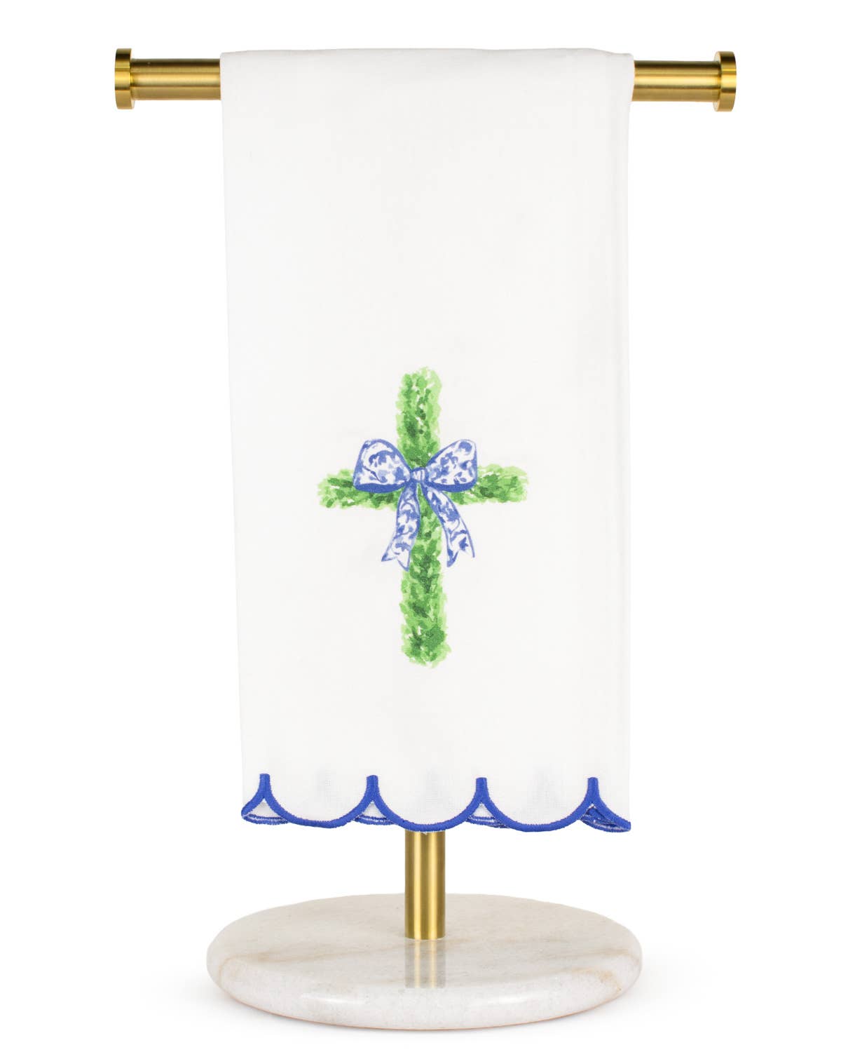 Boxwood Cross Scalloped Hand Towel White/Green 20x28