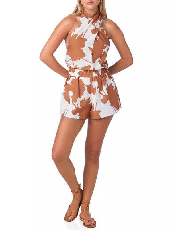 Backless Flower Print Halter Top & High Waist Shorts Set