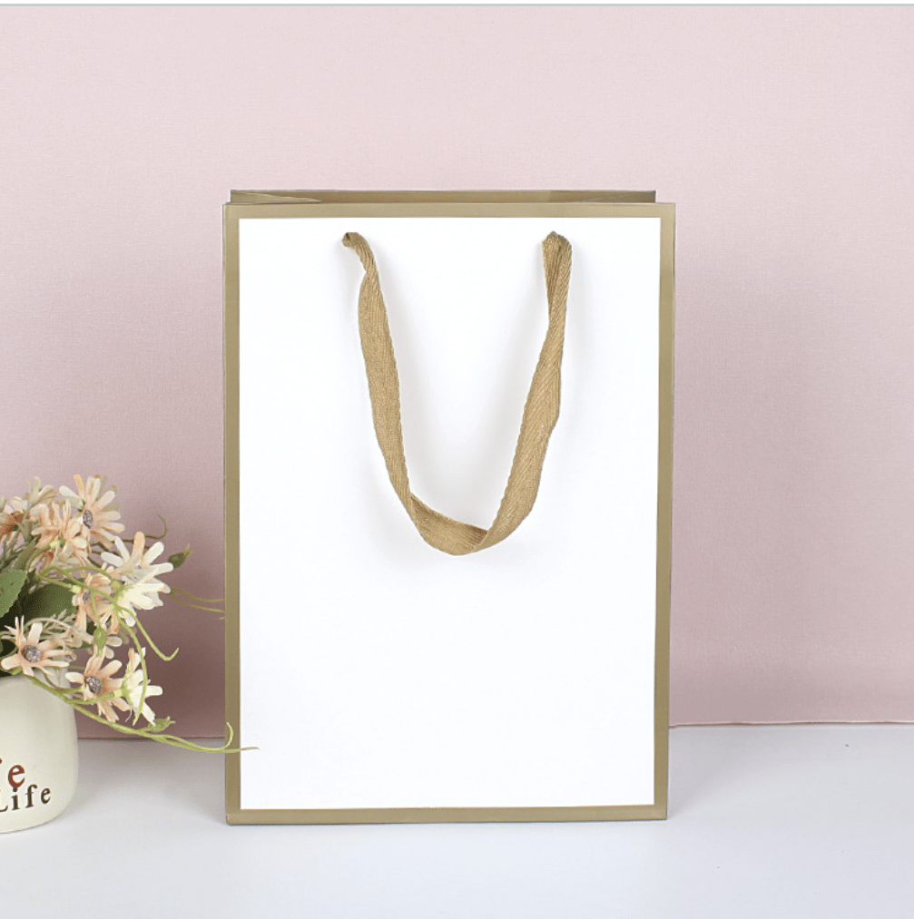 White with Gold border gift bag w/free tissue , pack of 20