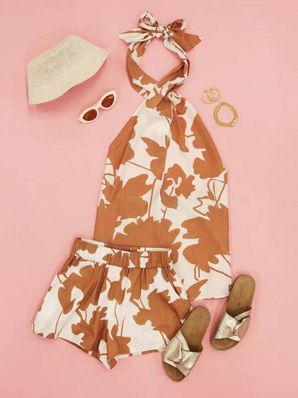 Backless Flower Print Halter Top & High Waist Shorts Set