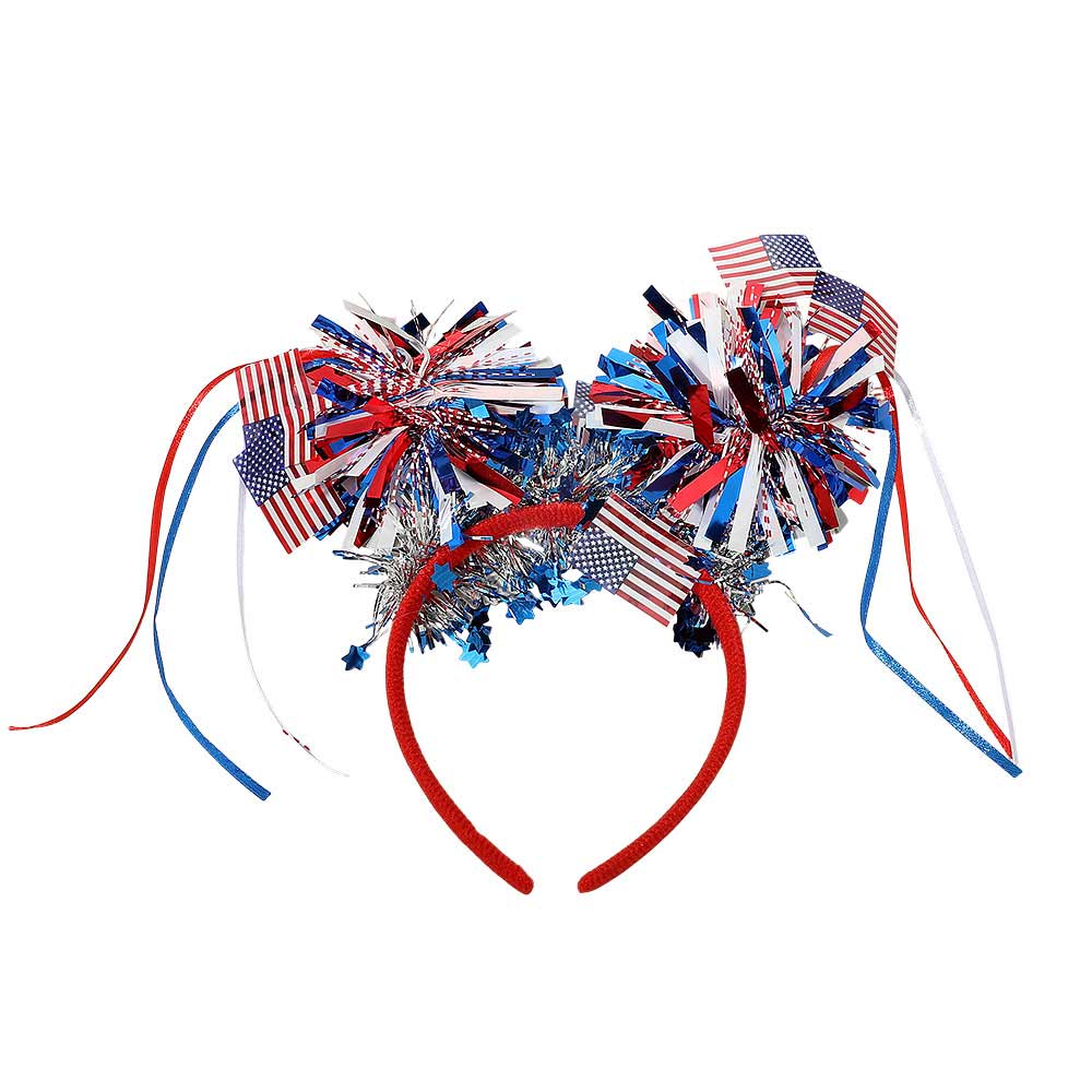 American USA Flag Patriotic Bow Tinsel Pom Headband