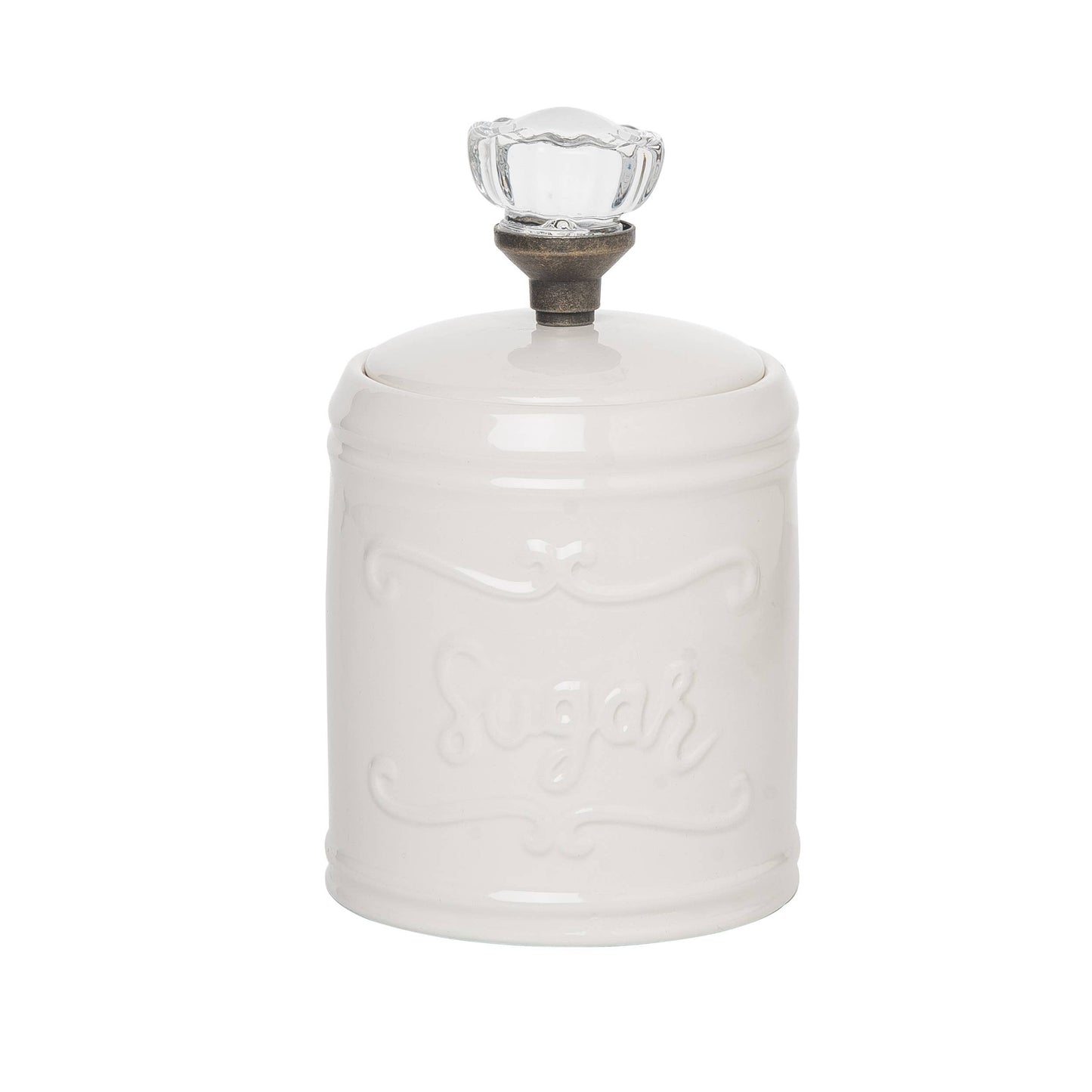 White Embossed Sugar Canister w/ Glass Knob