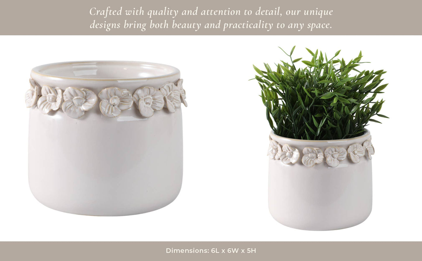 Plant Pot - Ivory Ceramic Sculpted Floral Rim Applique, 6 in