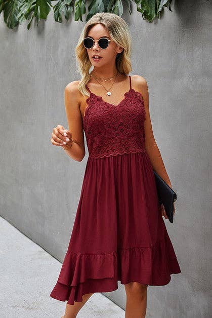 Spaghetti Strap Solid Ruffle Dress - With Lace Detailing