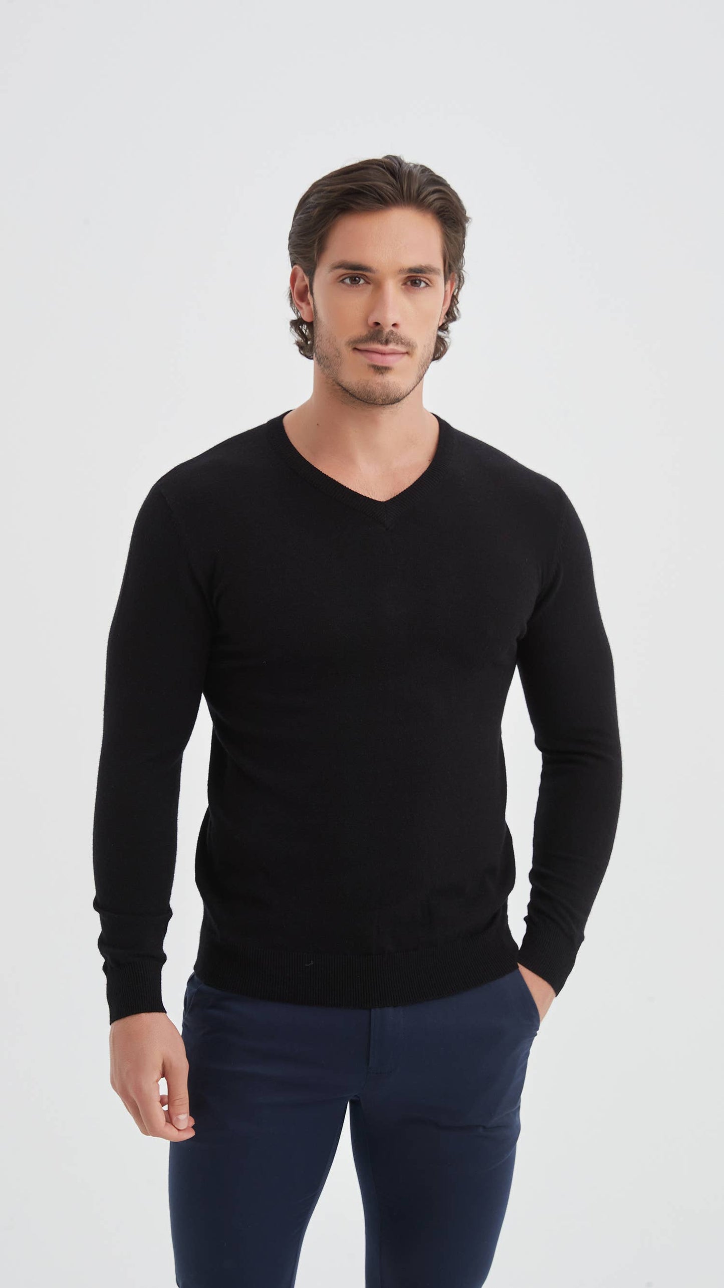 Black V-neck sweater