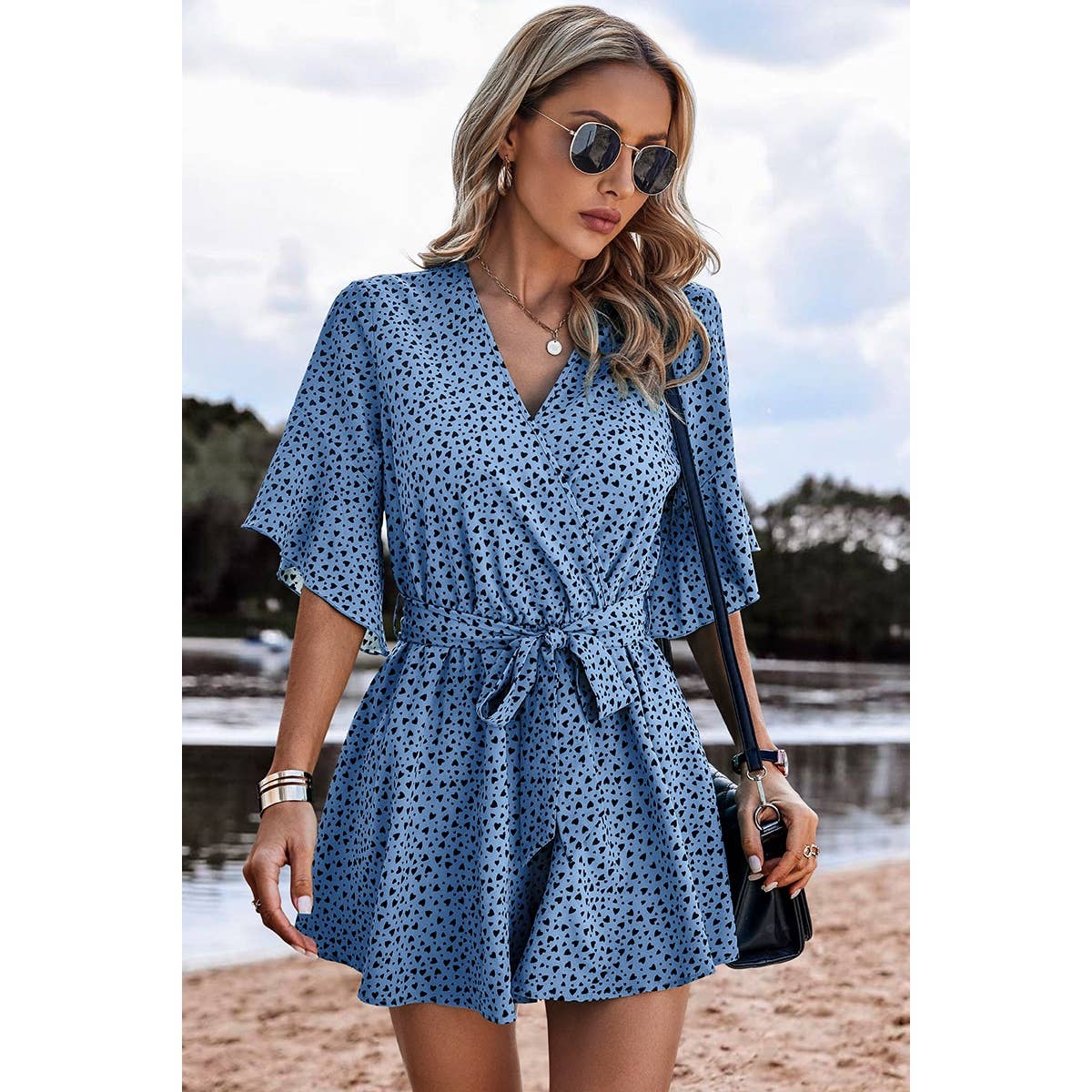 V Neck Ruffled Belted Flared Hemmed Romper