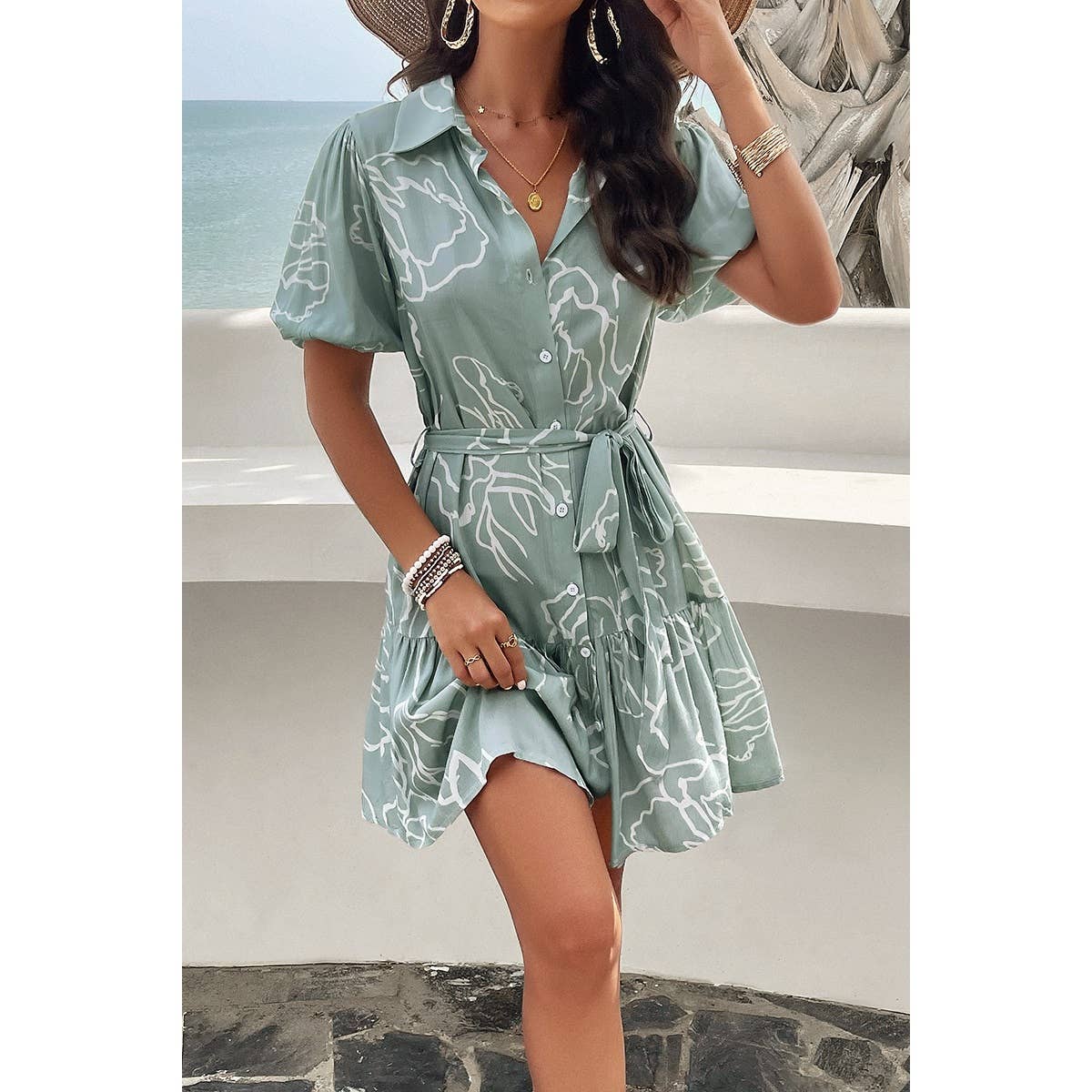 Allover Print Ruffle Front Button Open Belt Dress