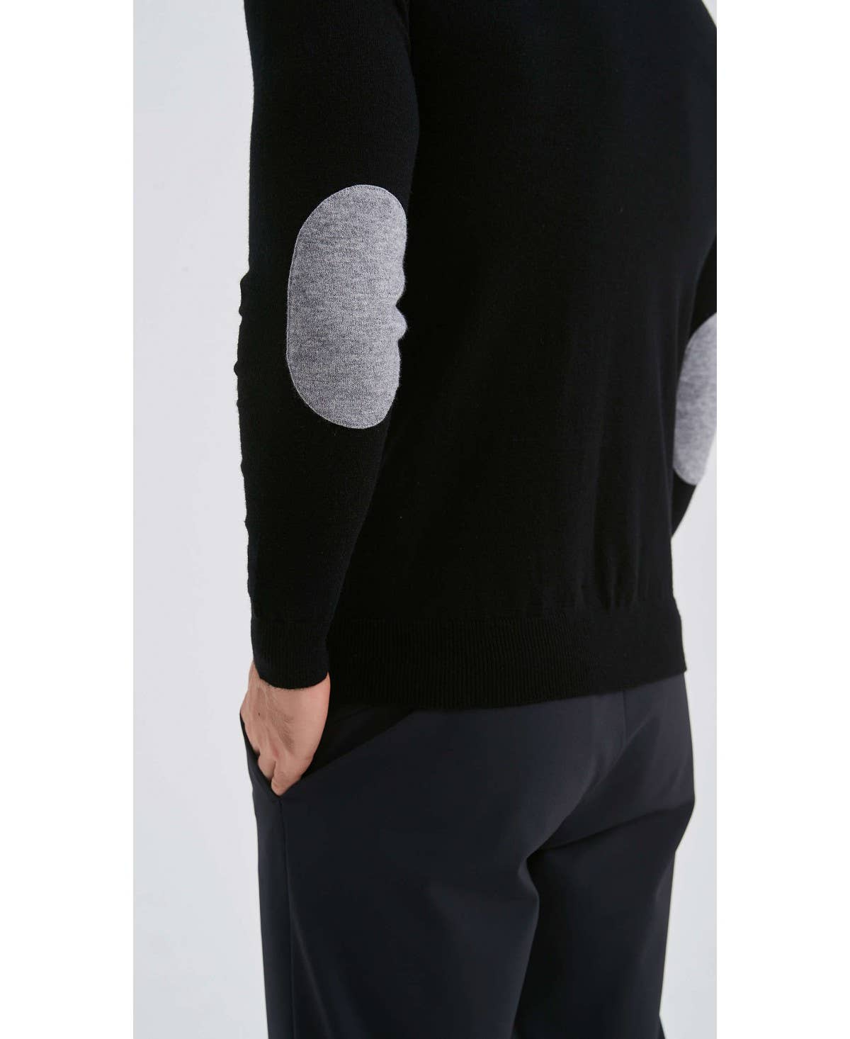 Black trucker neck sweater with elbow pads