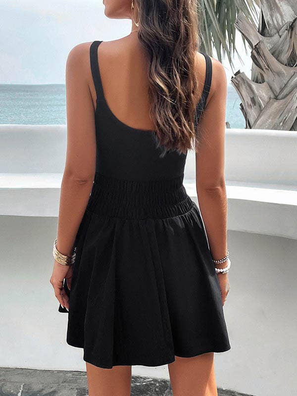 A-Line High Waisted Elasticity Solid Color Spaghetti-Neck Mini Dresses