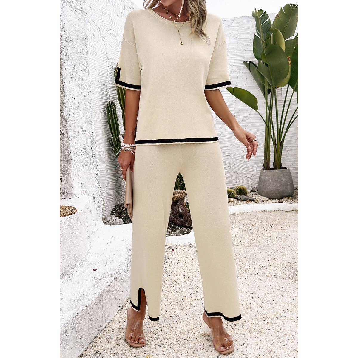 Two Pieces Round Neck Fit Blouse And Pants Sets
