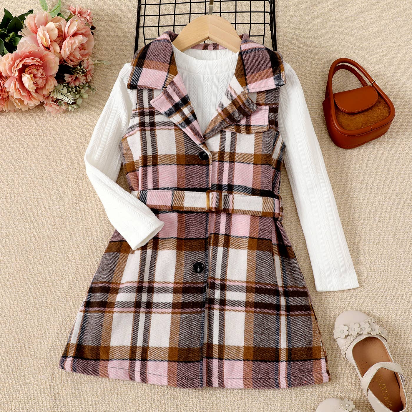 2PCS Kid Girl Grid/Houndstooth Fashionable Lapel Skirt Set