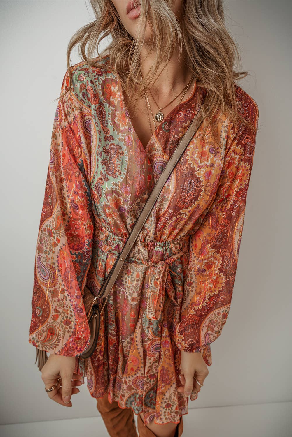 LDC Boho Paisley Print Long Sleeve Pleated Belted Mini Dress
