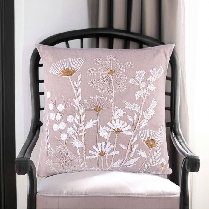 Summer Flowers Cotton Embroidered Decorative Pillow in Beige