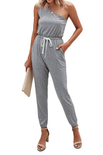 One Shoulder Drawstring Jumpsuit - Clearance
