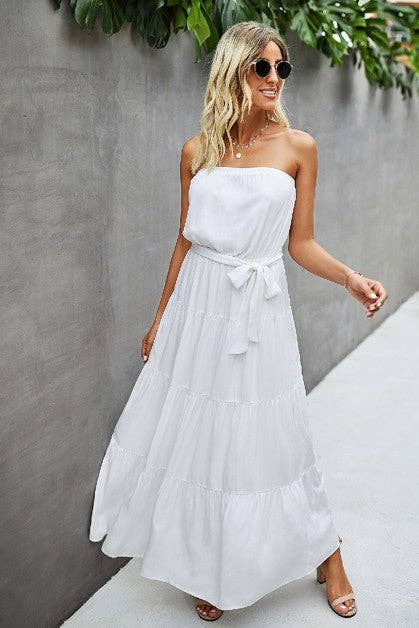 Off Shoulder Waist Tie Ruffle Dress - Clearance