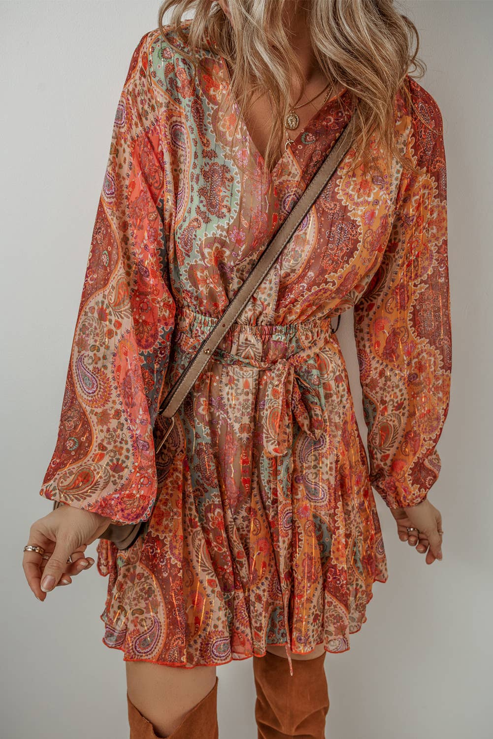 LDC Boho Paisley Print Long Sleeve Pleated Belted Mini Dress