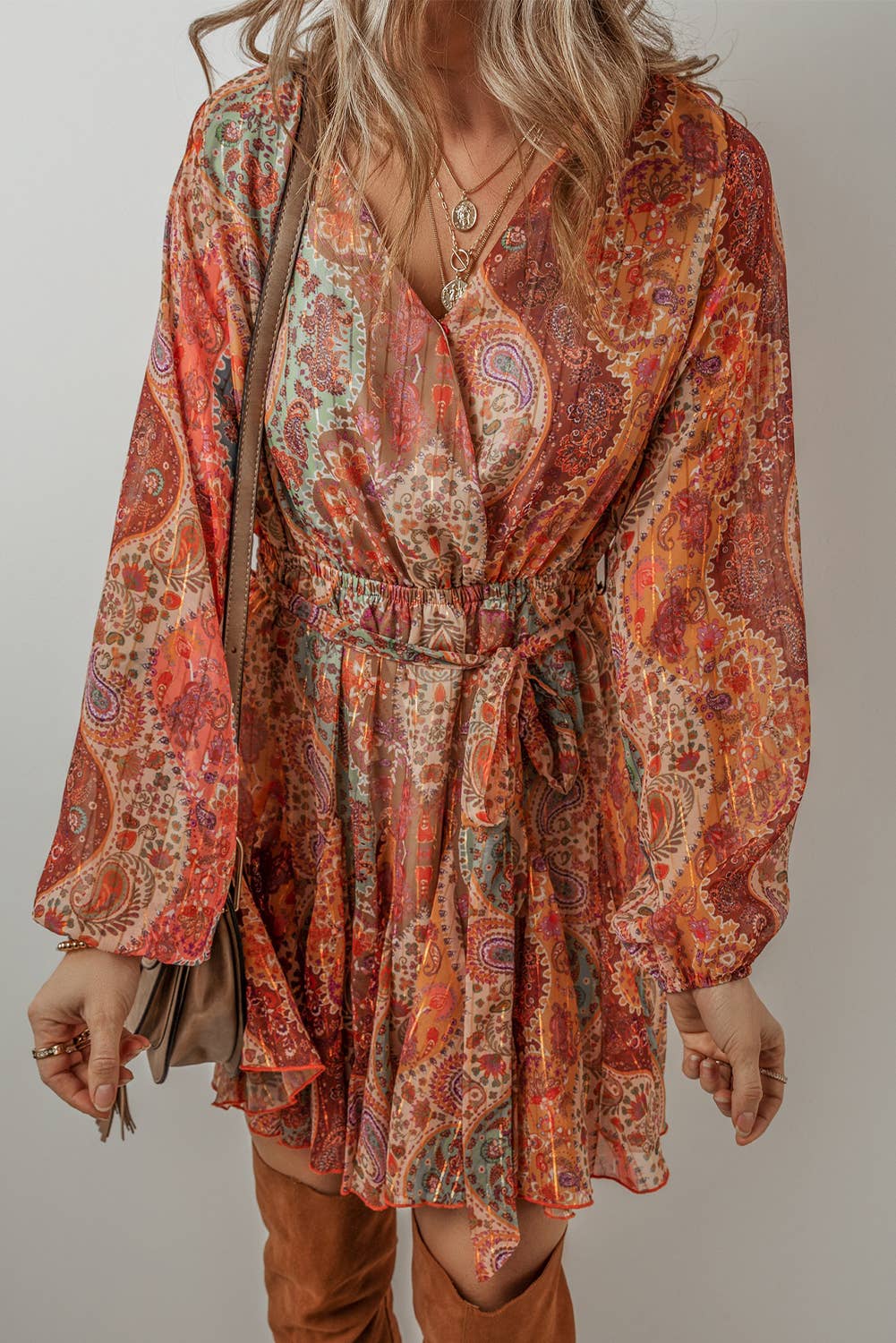 LDC Boho Paisley Print Long Sleeve Pleated Belted Mini Dress