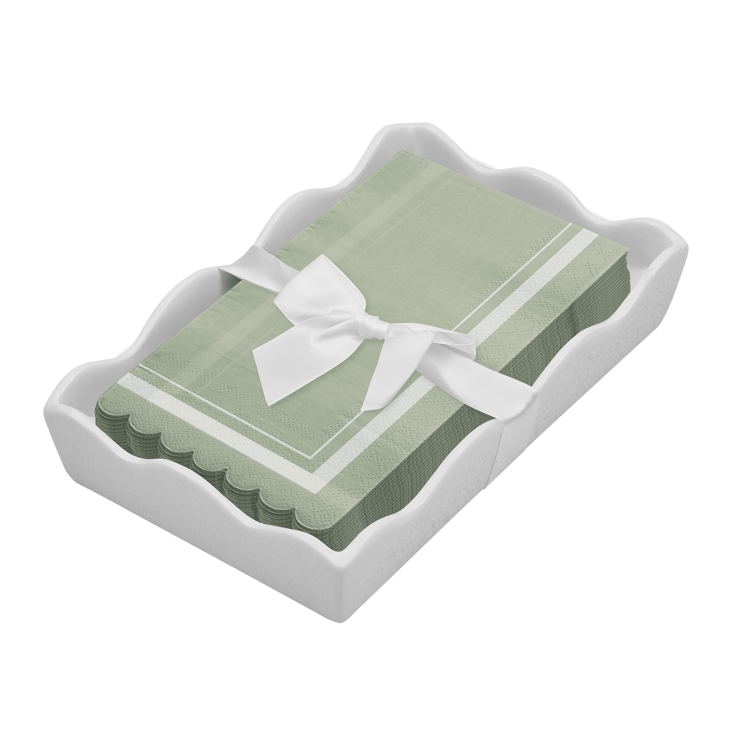 Ceramic Wave Napkin Tray with Guest Towel - Scalloped Edge Sage