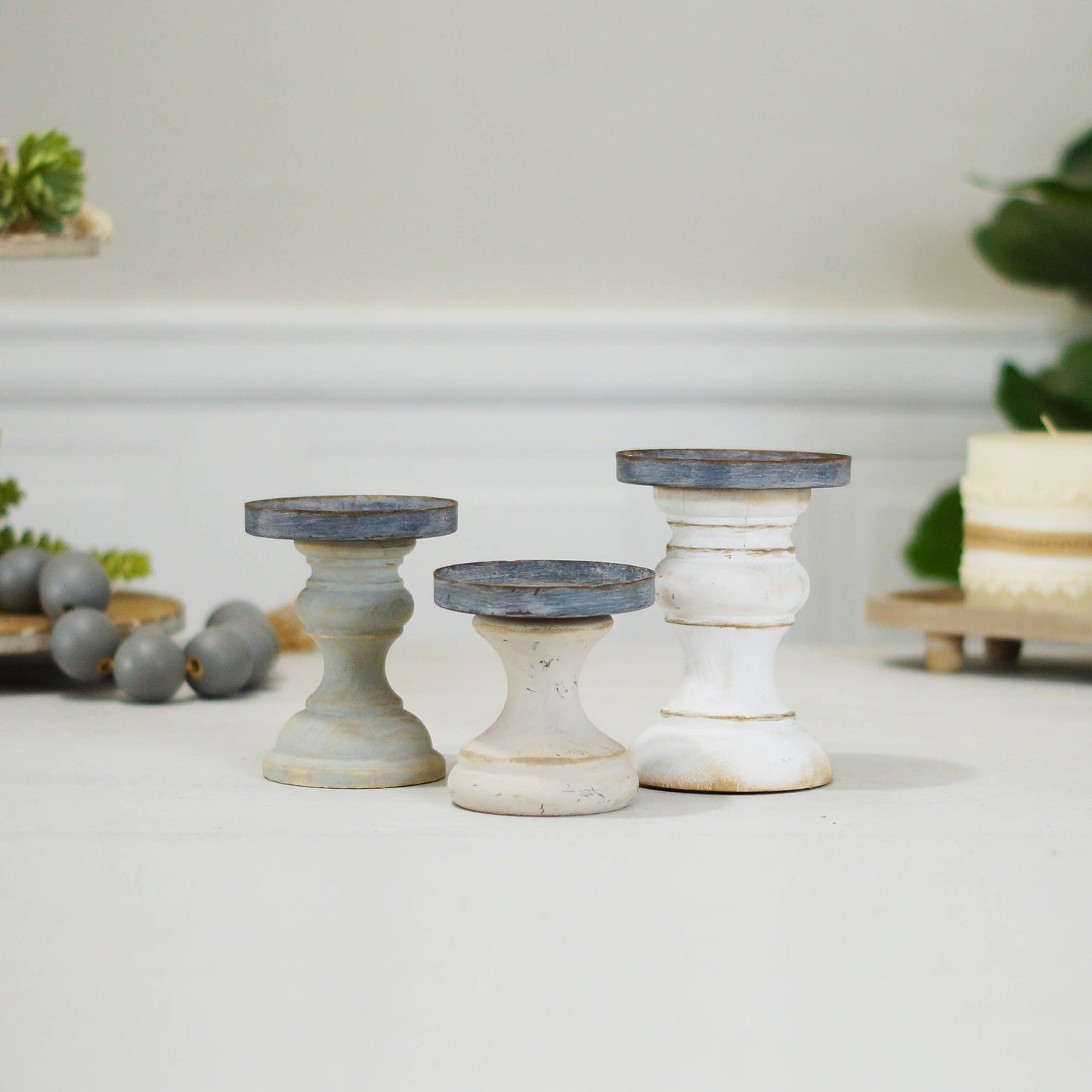 VIP White Wood Candle Holders (Set of 3)