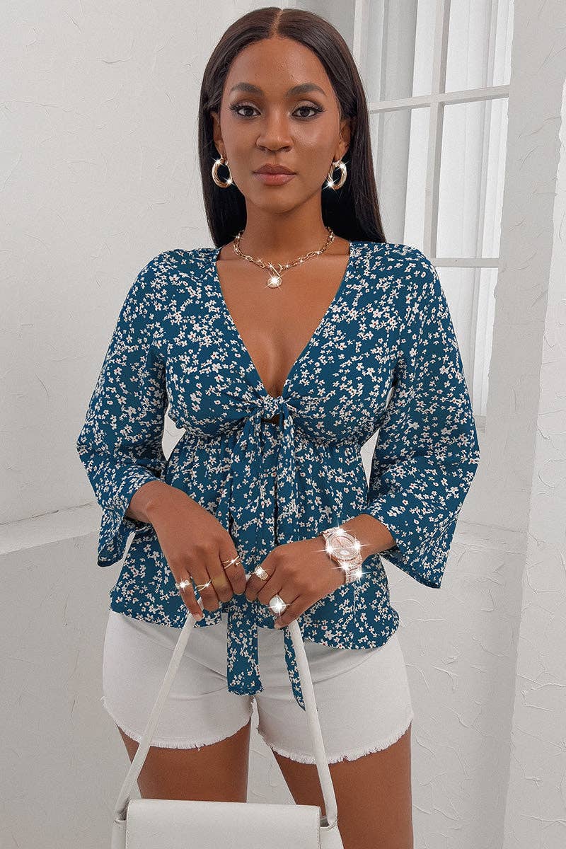 V Neck 3/4 Sleeve Floral Chest Tie Top