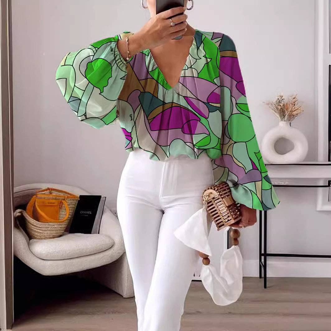 Printed V-Neck Long Sleeve Shirt Elegant Women's Loose Solid
