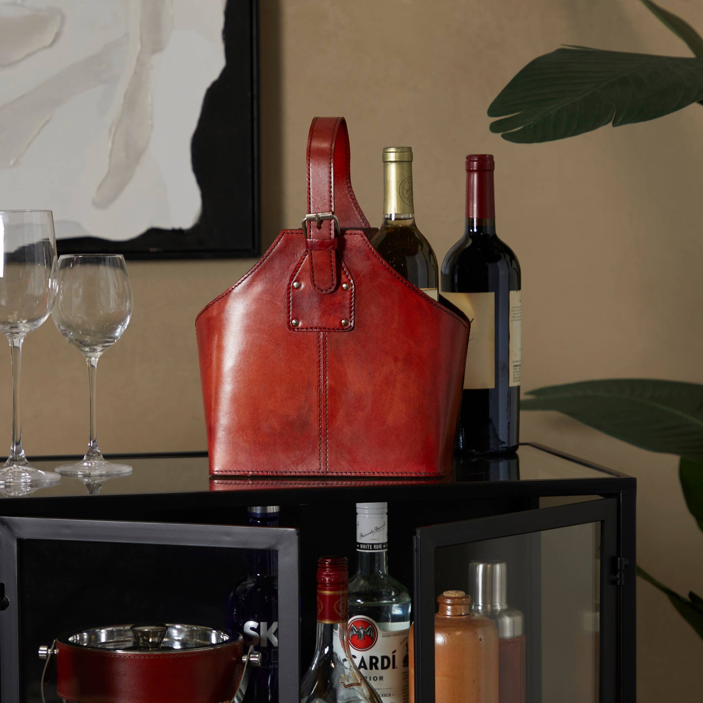 Modern Red Leather Wine Holder
