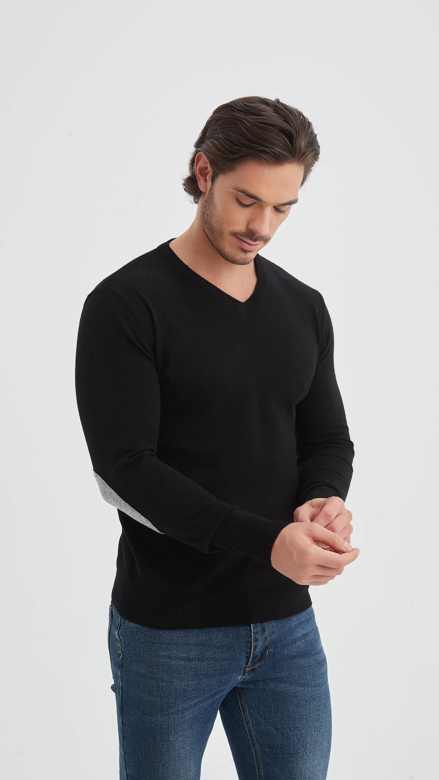 Black V-neck sweater with elbow pads