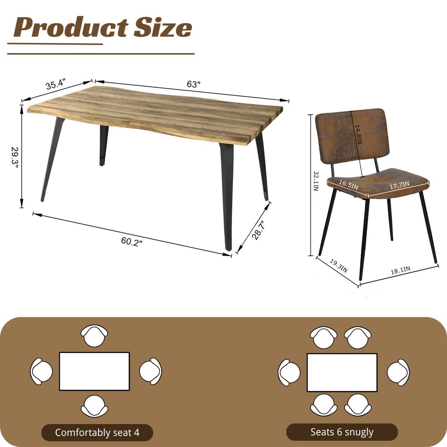 5-Piece Dining Set-63" Wave-Edge Wal Table and Chair Options