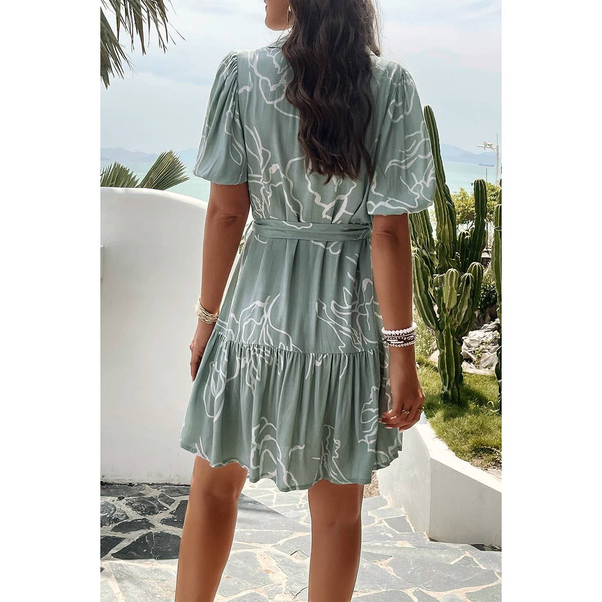 Allover Print Ruffle Front Button Open Belt Dress