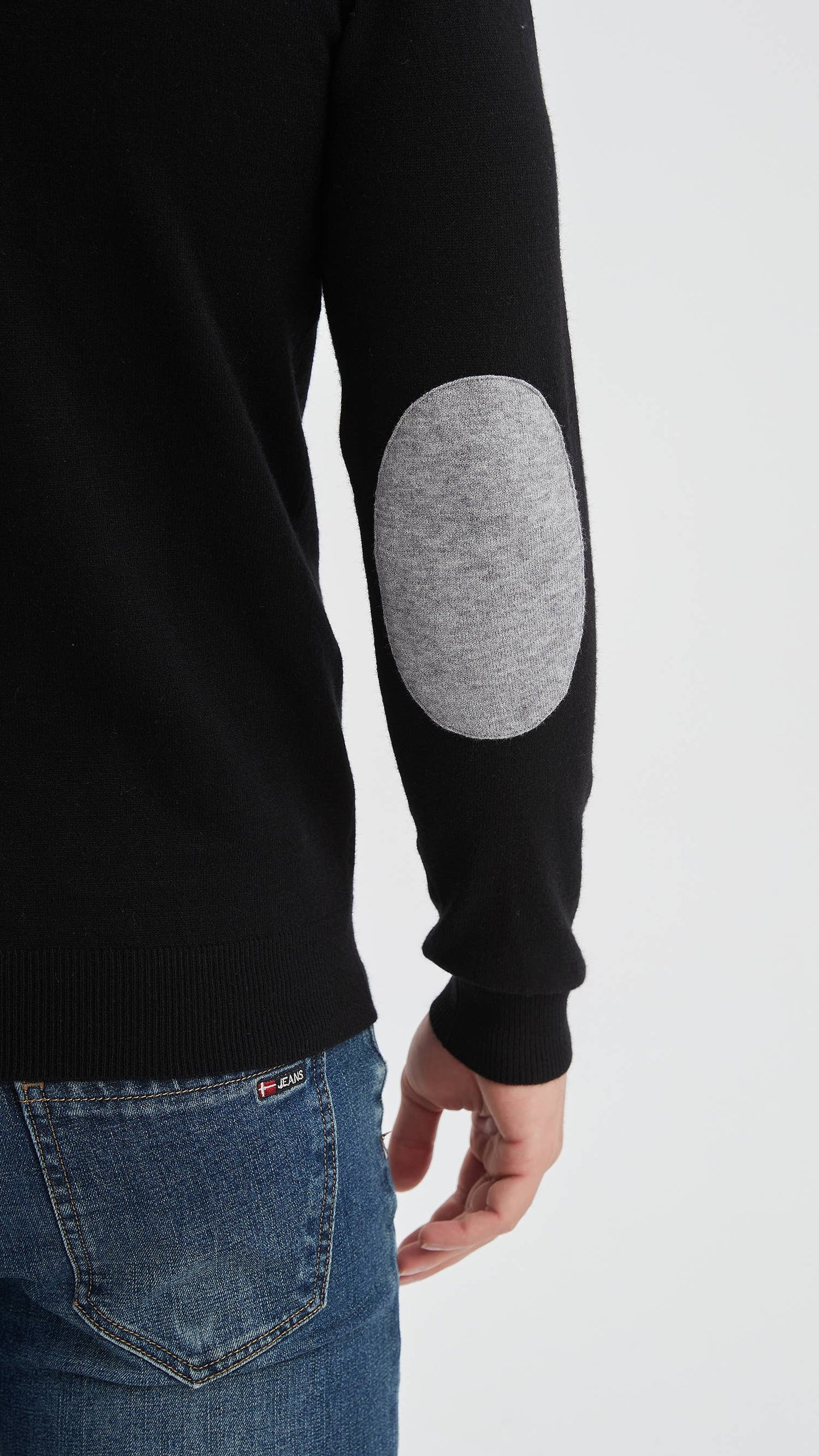 Black V-neck sweater with elbow pads