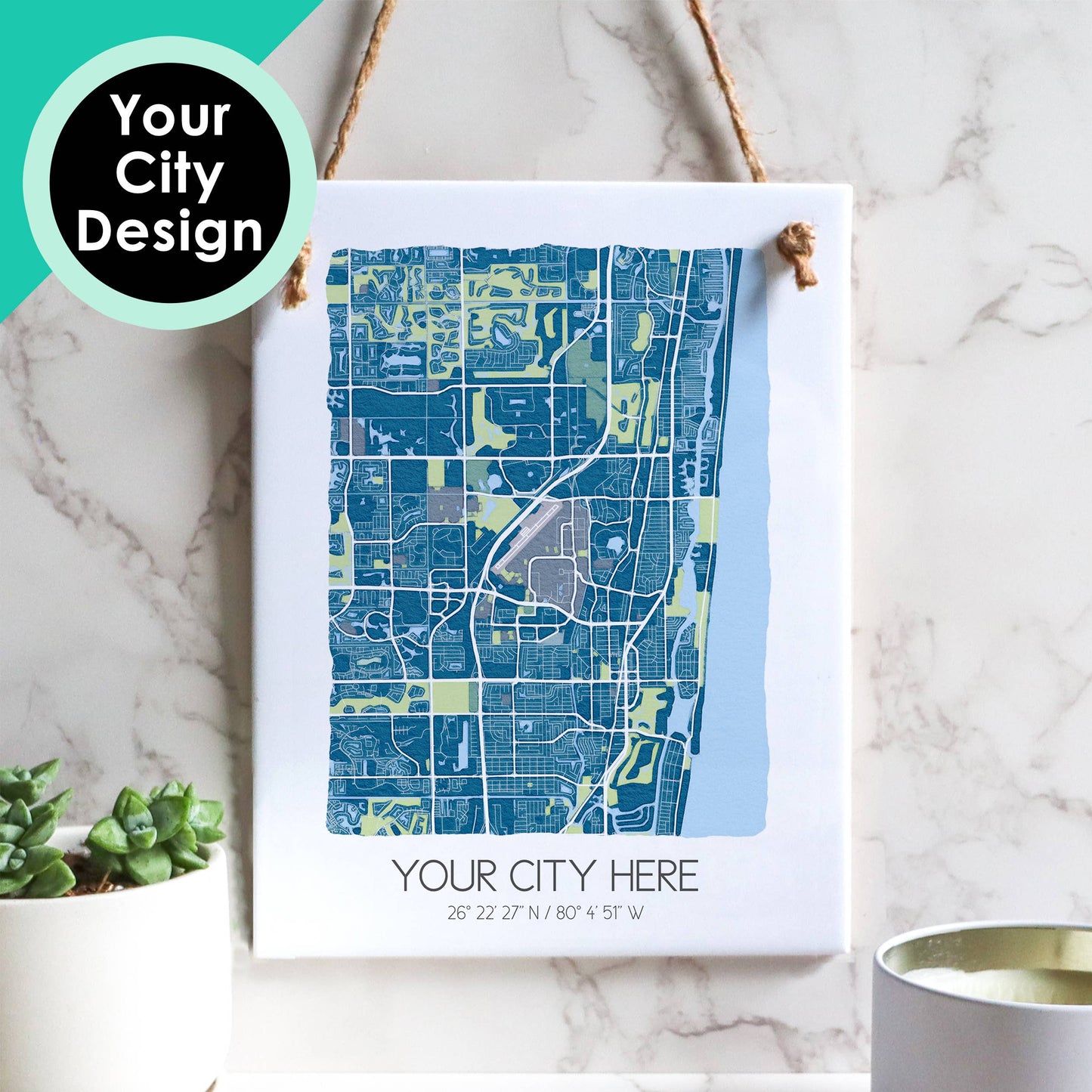 Watercolor City Map Tile Sign - Rectangle - Custom Order
