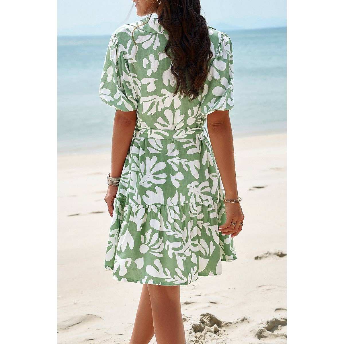Allover Print Ruffle Front Button Open Belt Dress